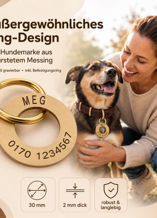 Ring-shaped dog tag with engraving, brushed brass, 30mm