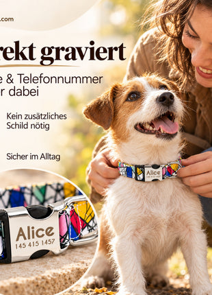 Hundehalsband "Miro" mit Namen und Telefon graviert, Nylon, Art Style