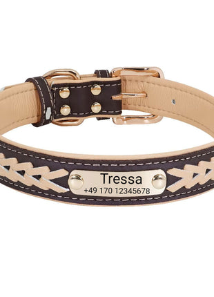 Hundehalsband mit Namen "Tressa". Gravur von Name und Telefon, in drei verschiedenen Größen