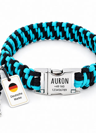 Paracord dog collar "Auron" with engraving of name and phone number on the buckle, three different sizes