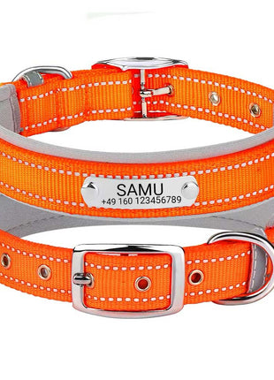 Engraved dog collar "Samu" with reflective safety stitching. Personalization with name and phone number.