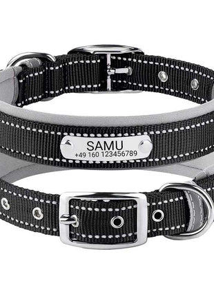 Engraved dog collar "Samu" with reflective safety stitching. Personalization with name and phone number.
