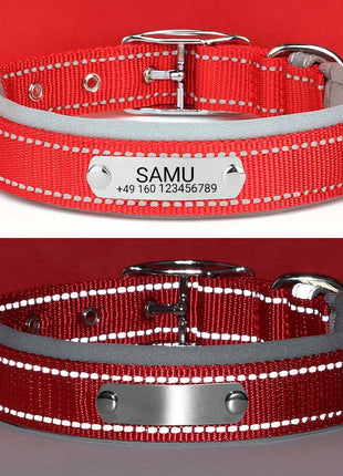 Engraved dog collar "Samu" with reflective safety stitching. Personalization with name and phone number.