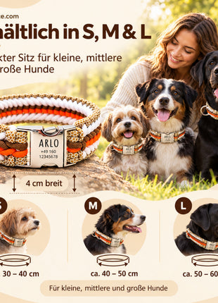 Arlo – Handgefertigtes Paracord Hundehalsband mit Gravur | Orange-Braun-Weiß-Beige