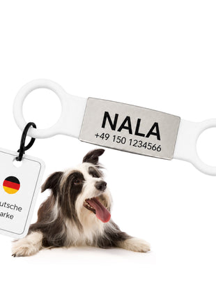 Klapperfreie Hundemarke Silikonslider mit Edelstahl-Schild für Halsbänder inkl. GRATIS Gravur