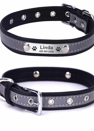 Dog collar engraved with name and phone number. Reflective.
