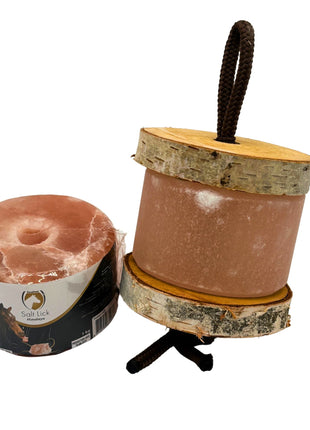 Himalaya-Leckstein Set: Halterung aus Birkenholz und 2 Himalaya Salzlecksteinen